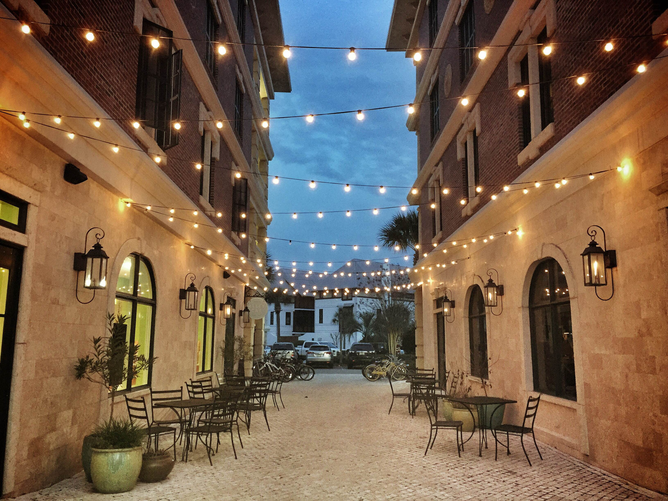 Outdoor Cafe with String Lights